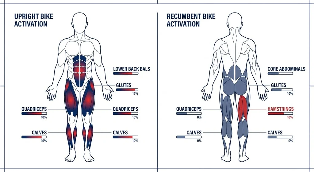 Muscle activation diagram comparing upright bicycle vs recumbent bicycle biomechanics and muscle groups