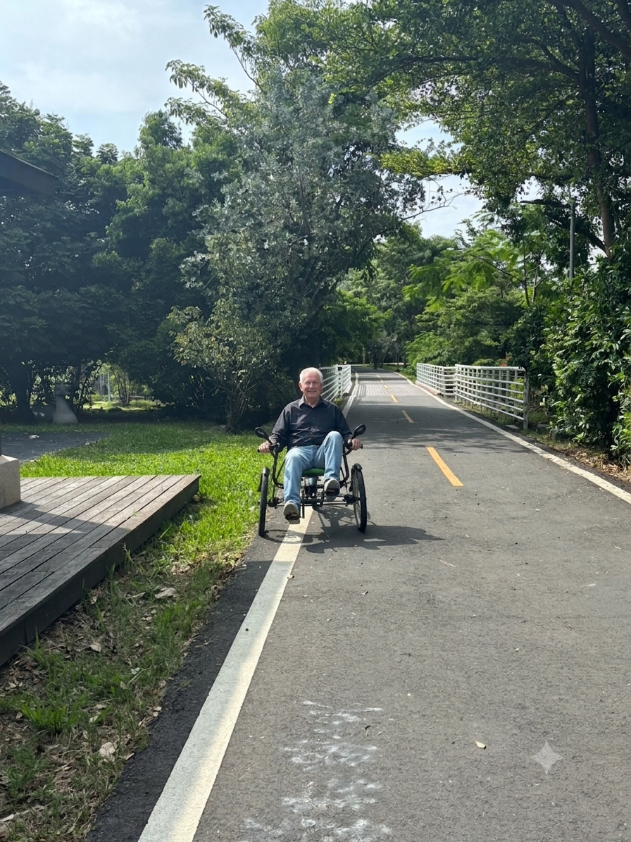 Front view of happy senior cyclist riding a three-wheeled recumbent bicycle on a greenway path in a US park