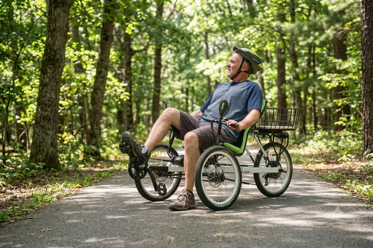 A senior man enjoys a pain-free ride on a recumbent trike along a shaded forest trail