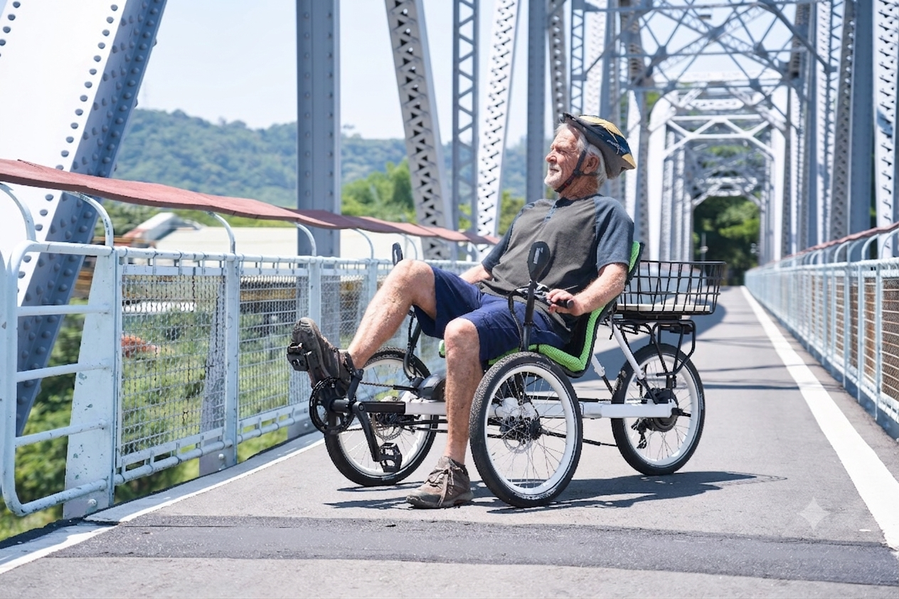 Smiling senior man relaxing on a recumbent electric trike on a scenic steel bridge