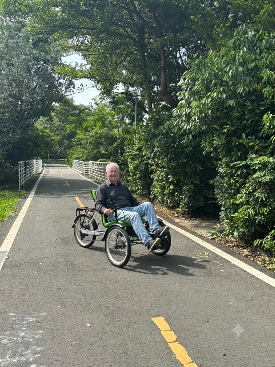 Active senior man smiling while riding an ergonomic recumbent trike on a scenic paved park trail