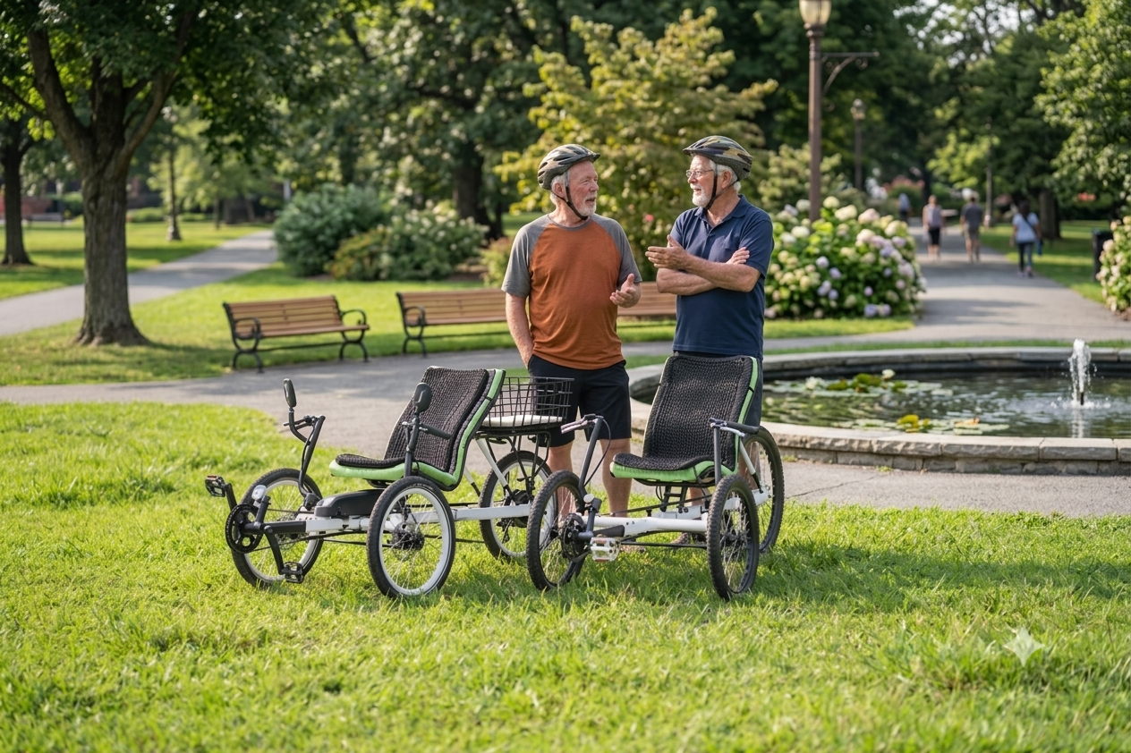 Two senior cyclists with tadpole recumbent trikes on a green park lawn beside a pond — long-distance touring setup on a sunny US trail