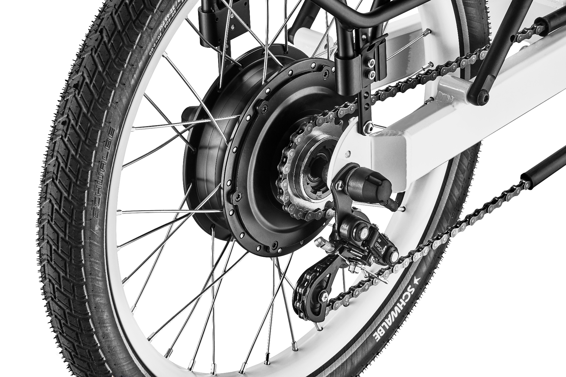 Close-up of a 500W rear hub motor laced into a 20-inch Schwalbe wheel on an electric trike