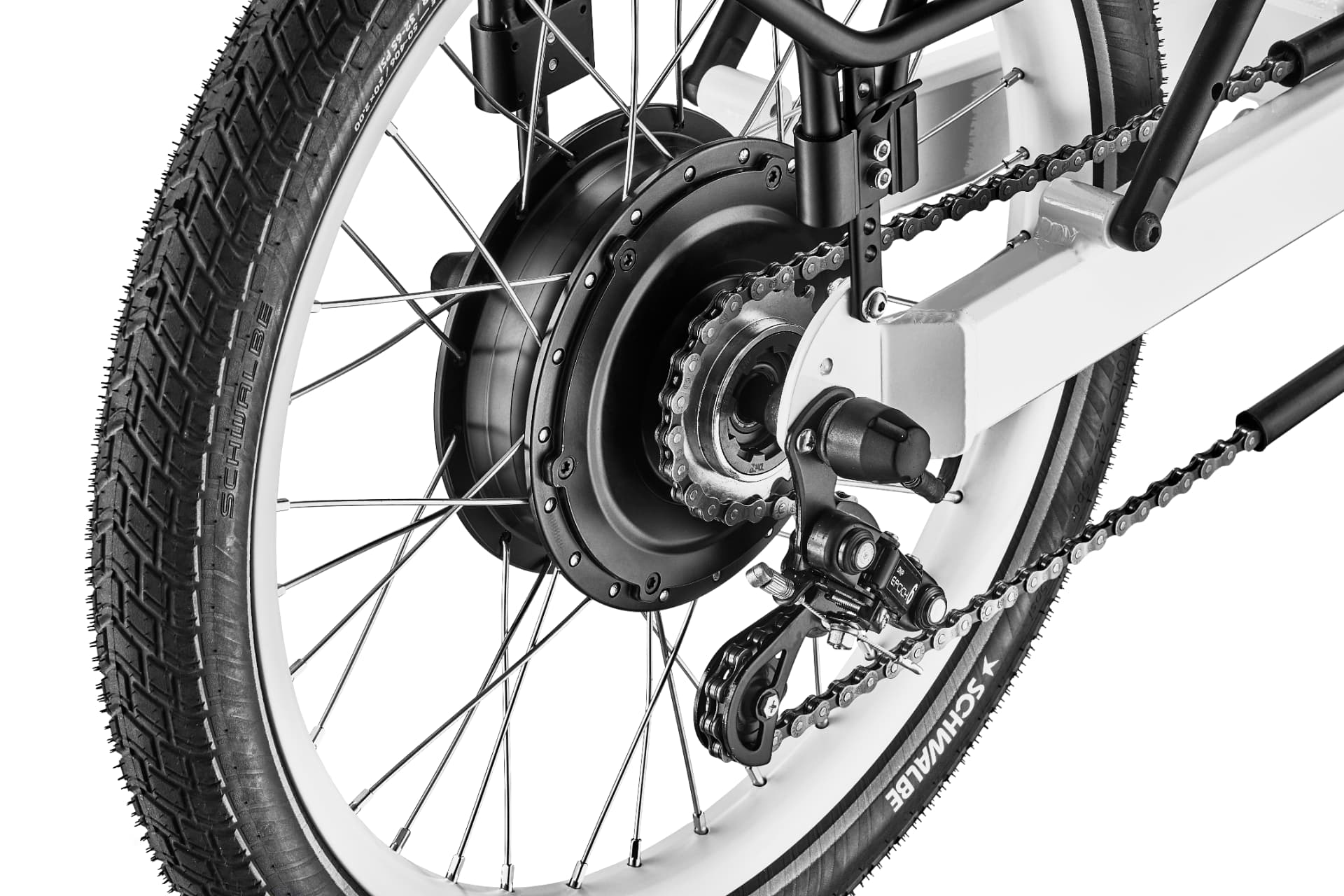 Close-up of a high-torque rear hub motor, Schwalbe tire, and chain drive on a recumbent e-trike