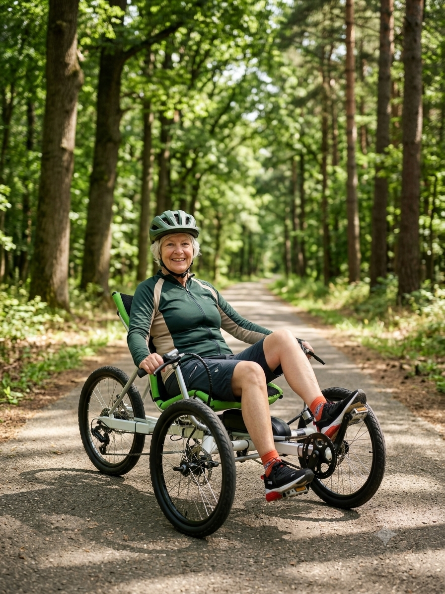 Smiling senior woman riding a comfortable recumbent trike on a forest trail