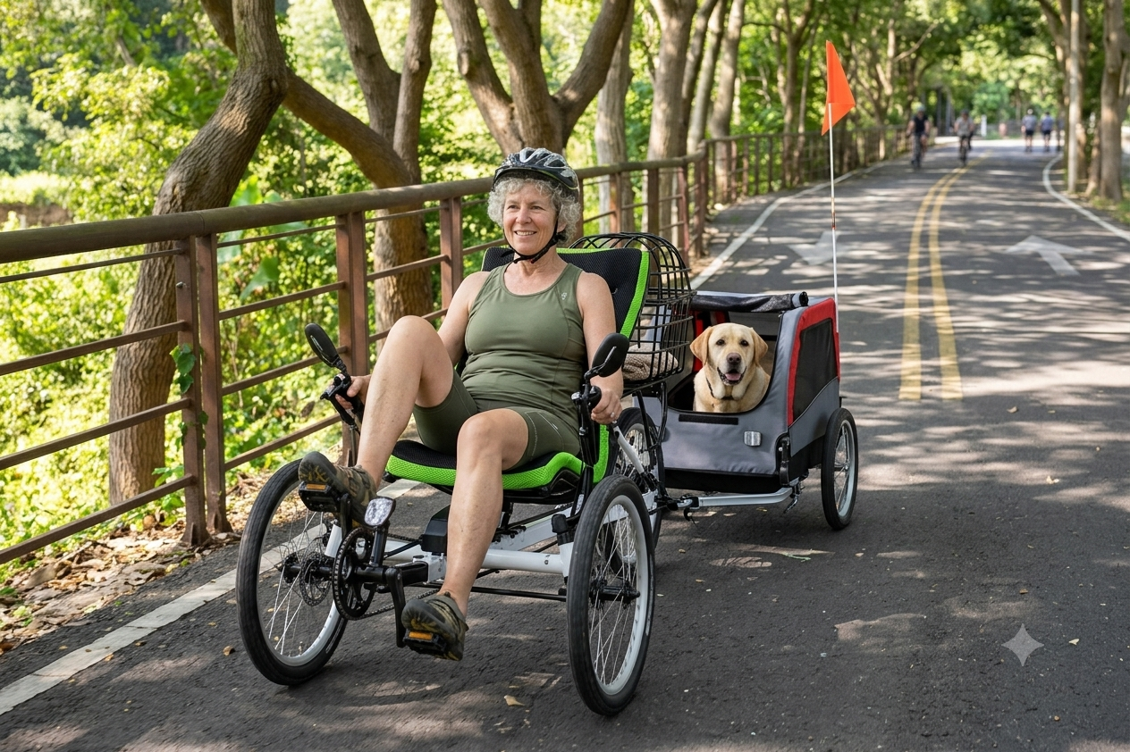 Woman riding an OVELOX recumbent electric trike on a shaded park path with a yellow Labrador in a suspension pet trailer