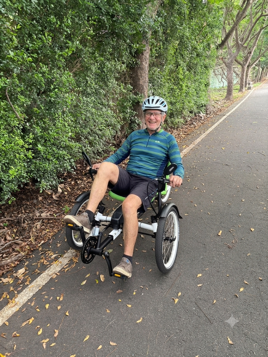 Smiling senior man riding a recumbent electric trike on a green tree-lined American bike trail
