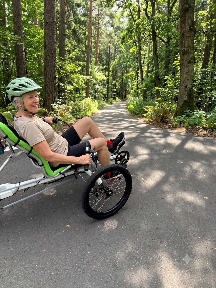 Smiling senior woman riding a recumbent trike on a sunlit forest road