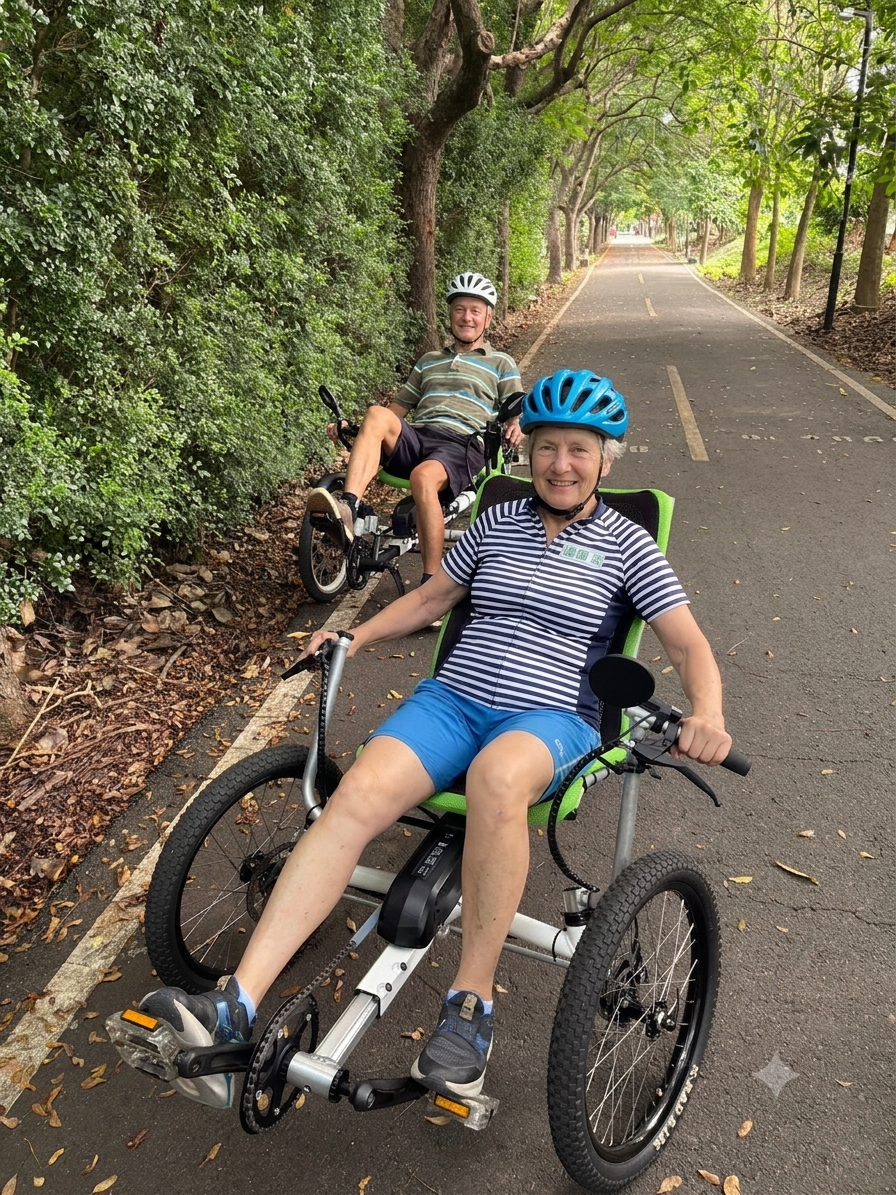 Two happy senior riders enjoying a stable electric recumbent trike ride on a shaded American bike trail
